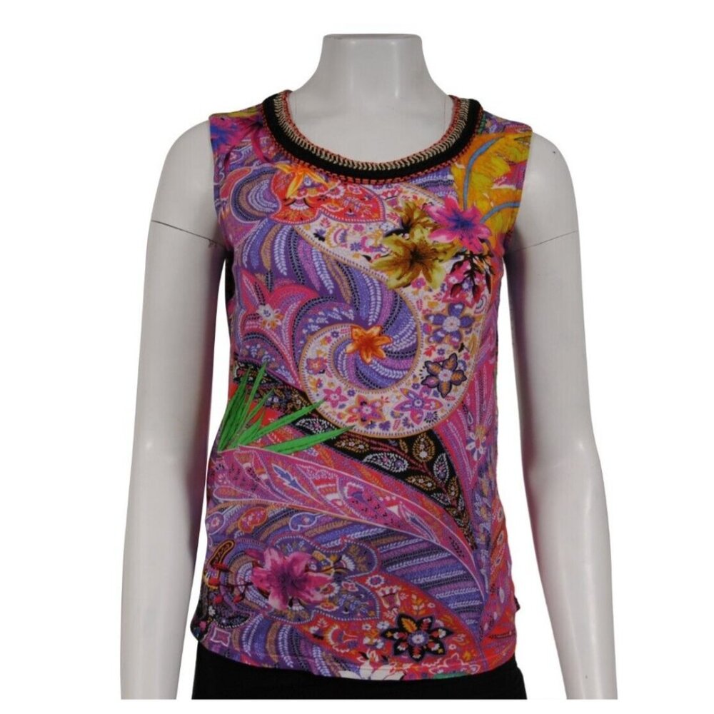 Etro Womens Paisely Flower Floral Rope Neck Top Medium Purple Red Cotton Tank